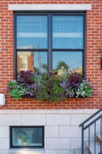 A brick wall features a large window with a vibrant flower box beneath. The flowers are in purple, pink, and green hues, creating a lively, cheerful scene.